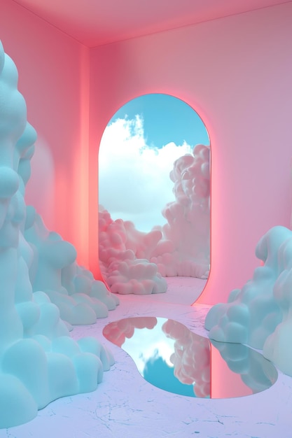 Dreamy pink cloud room with reflective floor