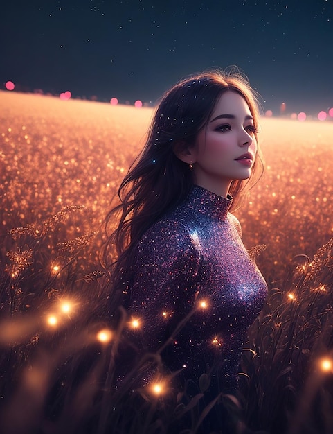 A dreamy portrait of a figure in a field of vibrant twinkling lights