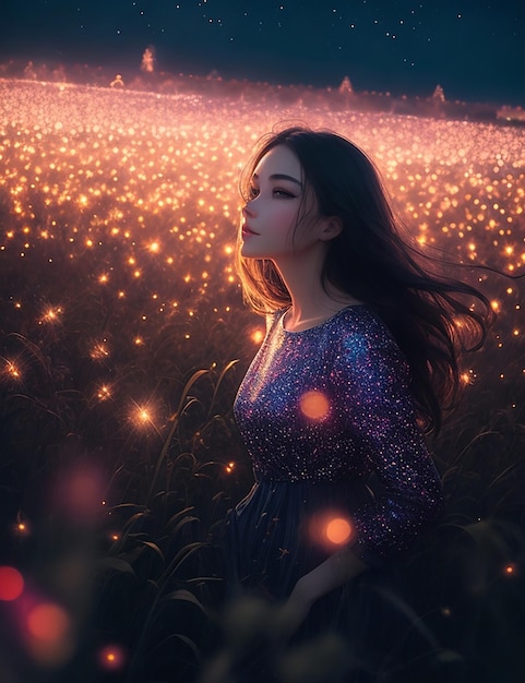 A dreamy portrait of a figure in a field of vibrant twinkling lights