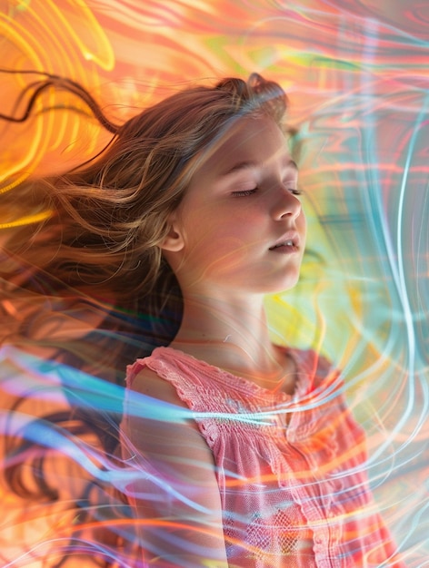 Photo dreamy portrait of a girl with flowing hair and colorful light trails