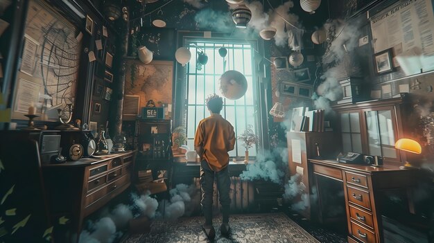 Dreamy Portrait of a Man in a Room Full of Smoke and Clocks