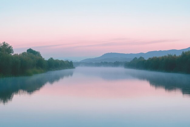 A dreamy river scene at dawn with a gradient sky transitioning from soft warm pinks at the horizon