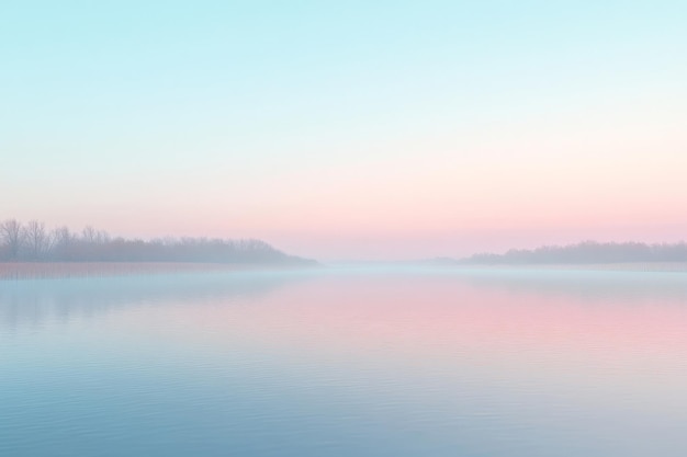 A dreamy river scene at dawn with a gradient sky transitioning from soft warm pinks at the horizon