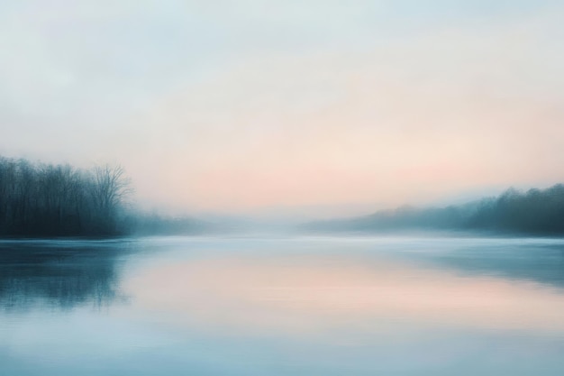 A dreamy river scene at dawn with a gradient sky transitioning from soft warm pinks at the horizon