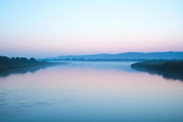 A dreamy river scene at dawn with a gradient sky transitioning from soft warm pinks at the horizon