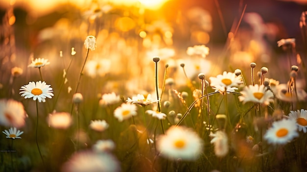 A dreamy romantic view of wildflowers swaying in the warm sunset light surrounded by a soft ethereal blur