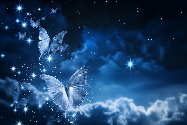 Dreamy scene with luminous butterflies gliding under a twinkling starry sky