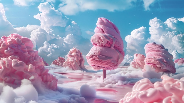 Dreamy scene with oversized pink ice cream and clouds against a blue sky