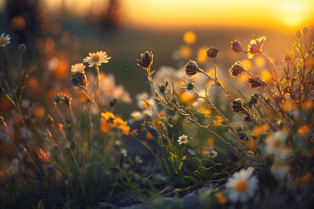 A dreamy sunkissed vista unfolds as yellow flowers and grass sway gently enveloped in the softfocus glow of twilight