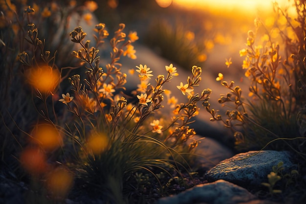 A dreamy sunkissed vista unfolds as yellow flowers and grass sway gently enveloped in the softfocus glow of twilight