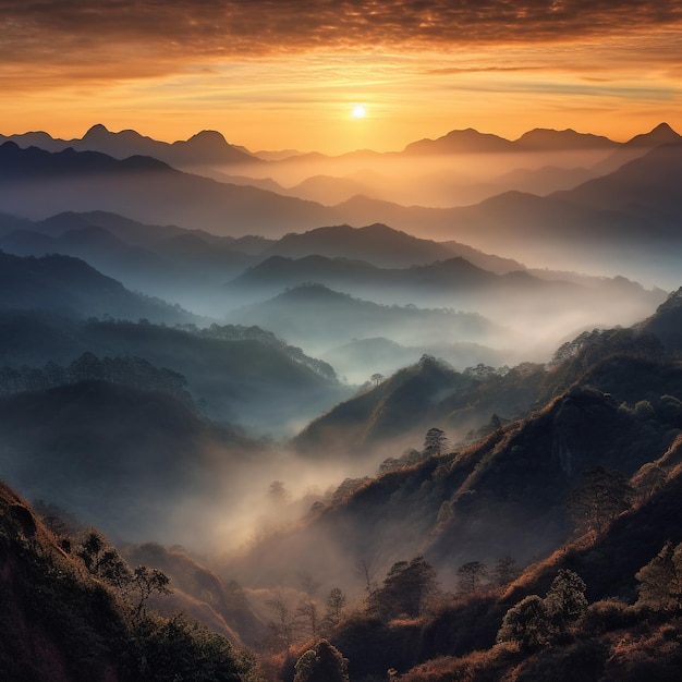 Dreamy sunrise over layers of mountain with low clouds Generative AI