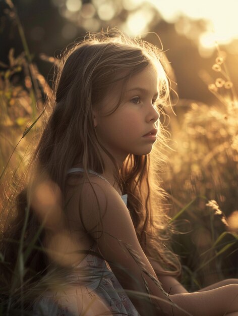 Dreamy Sunset Portrait of a Young Girl in a Meadow