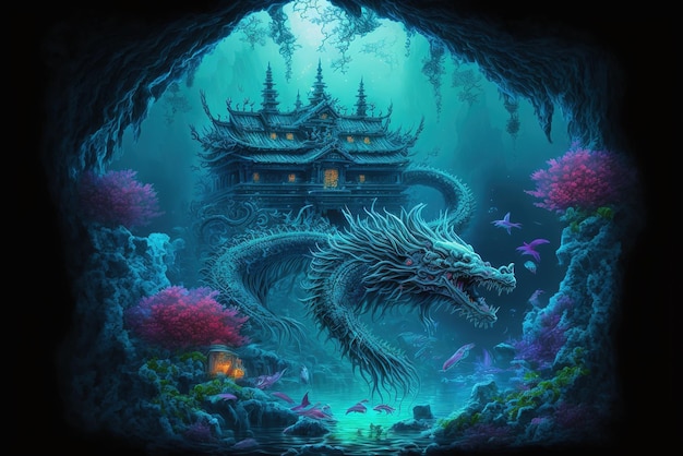 Dreamy underwater Chinese ancient style dragon's abode architecture