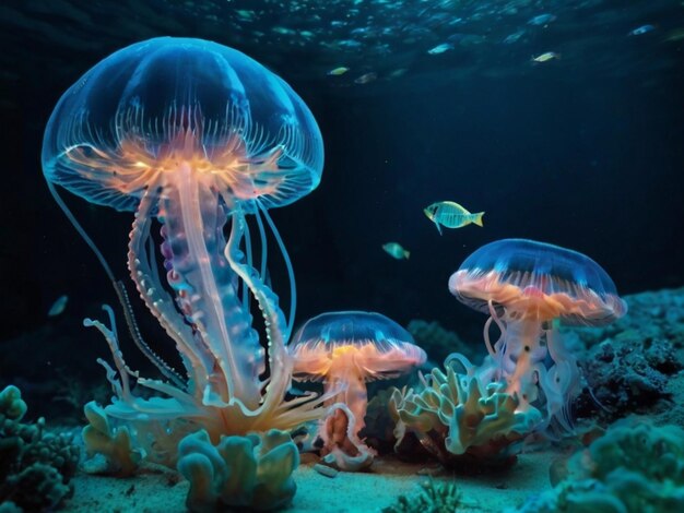 A dreamy underwater world with bioluminescent creatures 2