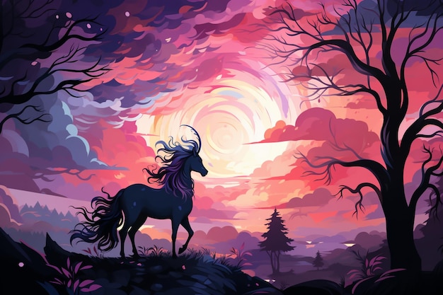 Dreamy unicorn silhouette A whimsical scene featuring a cute unicorn and moon