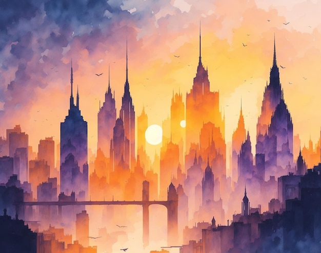 Dreamy Urban Sunset AIGenerated Watercolor Cityscape