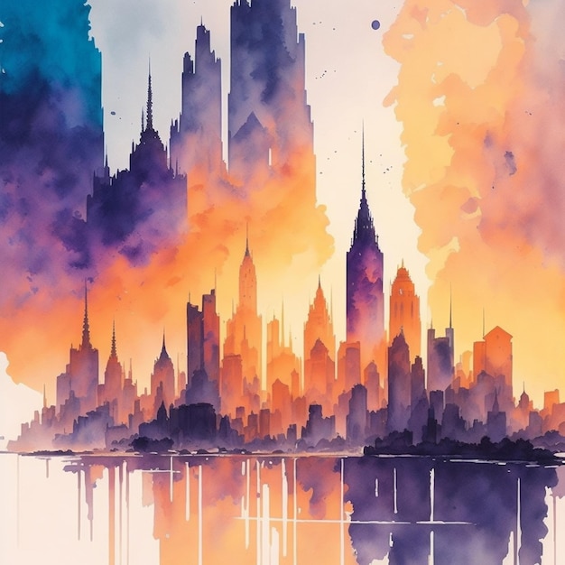 Dreamy Urban Sunset AIGenerated Watercolor Cityscape