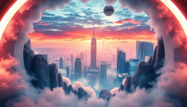 Photo dreamy and vibrant futuristic city landscape centered window view city view from window building in the city form window imagination in dream dreamy walpaper