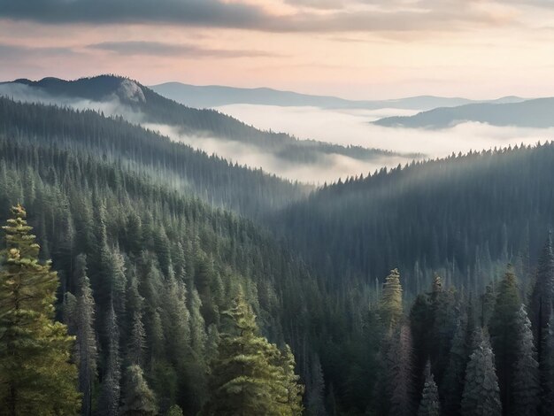 Dreamy view of a dense pine forest seamless background