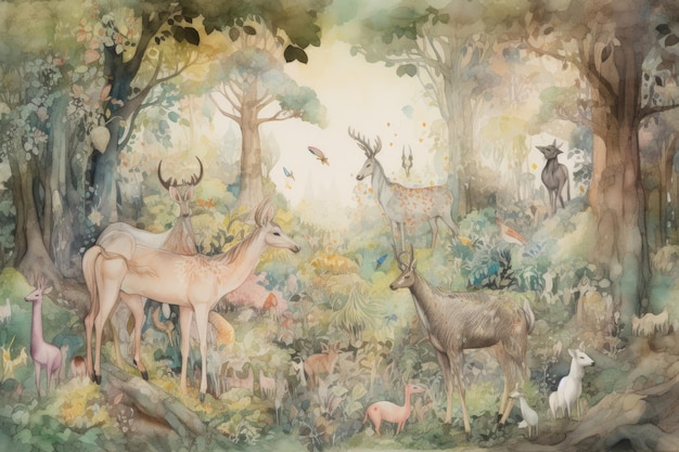 Dreamy watercolor illustration of a forest glade featuring mystical creatures such as fairies