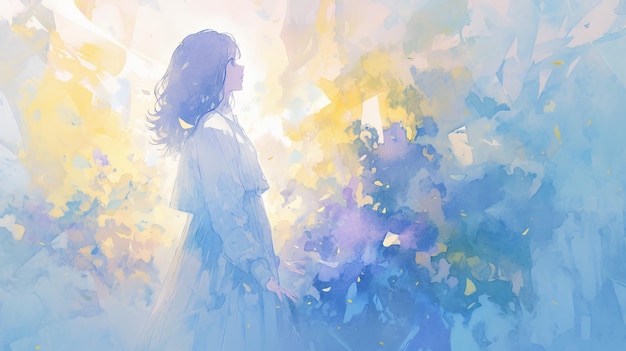 A dreamy watercolor illustration of a young woman in a white dress standing in a field of flowers with a bright blue sky behind her