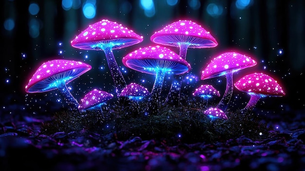 Dreamy watercolor landscape of a magical forest with glowing mushrooms