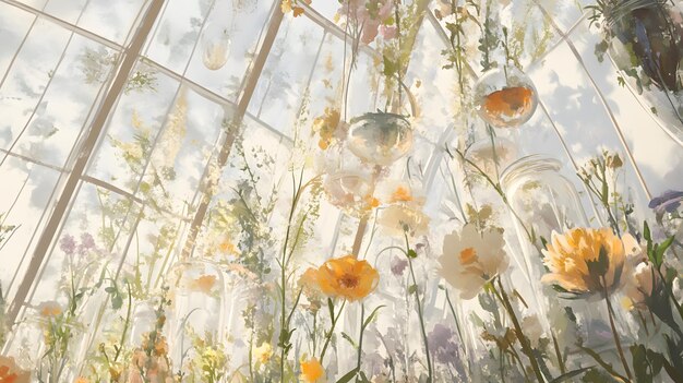 A dreamy watercolor painting of a botanical garden filled with pastel flowers