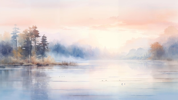 A dreamy watercolor scene of a pastel sunrise over misty lake