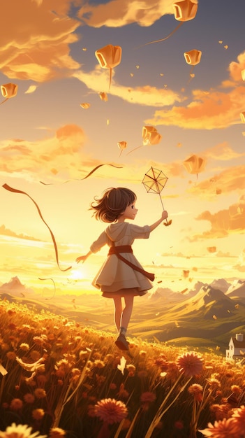 A dreamy and whimsical scene of a girl flying a kite on a hillside covered in blooming flowers