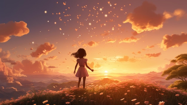 A dreamy and whimsical scene of a girl flying a kite on a hillside covered in blooming flowers