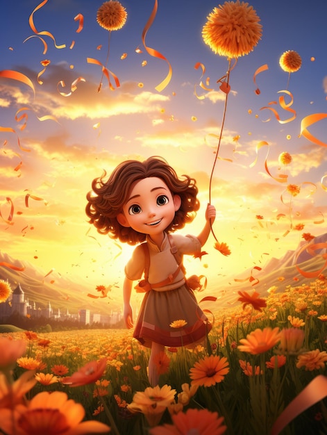 A dreamy and whimsical scene of a girl flying a kite on a hillside covered in blooming flowers