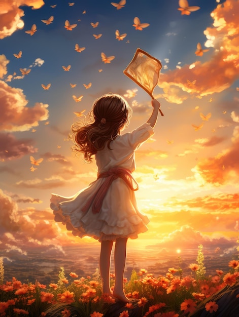 A dreamy and whimsical scene of a girl flying a kite on a hillside covered in blooming flowers