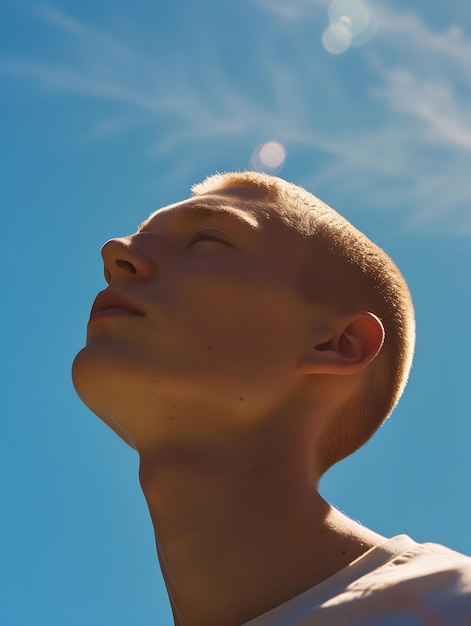 Dreamy young man looking at the sky film camera style