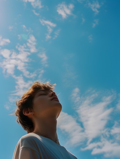 Dreamy young man looking at the sky film camera style