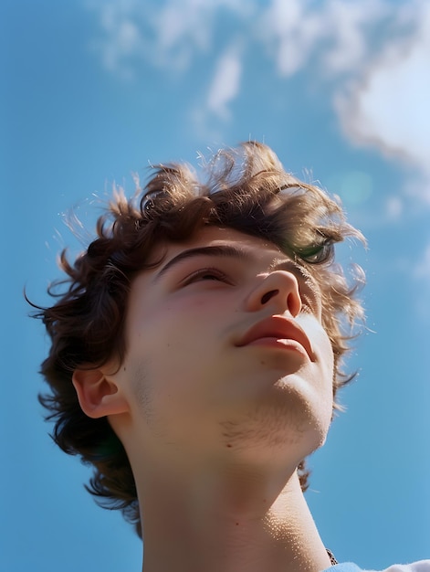 Dreamy young man looking at the sky film camera style