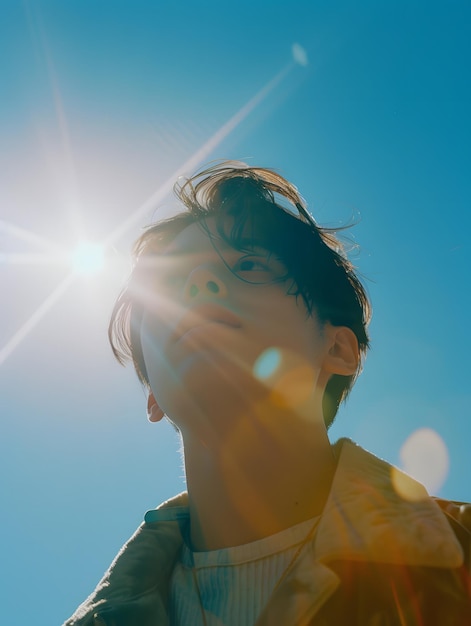 Dreamy young man looking at the sky film camera style