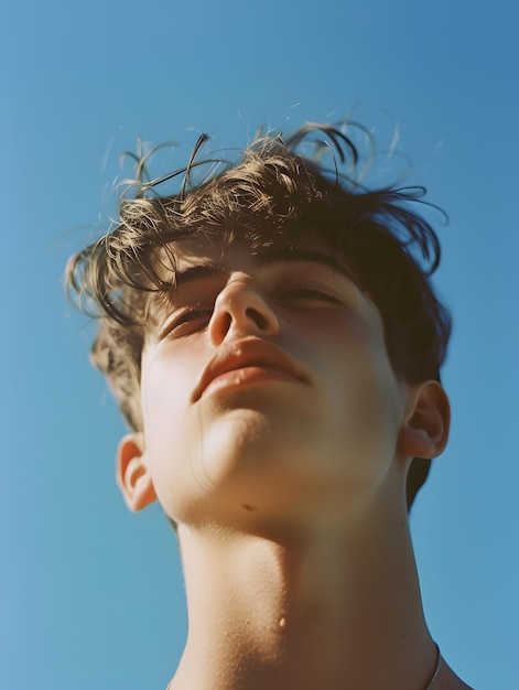 Dreamy young man looking at the sky film camera style