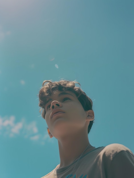 Dreamy young man looking at the sky film camera style