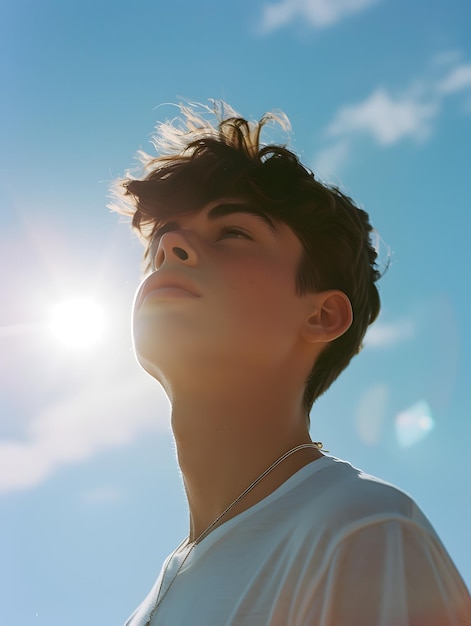 Dreamy young man looking at the sky film camera style