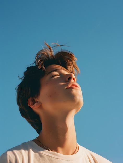 Dreamy young man looking at the sky film camera style