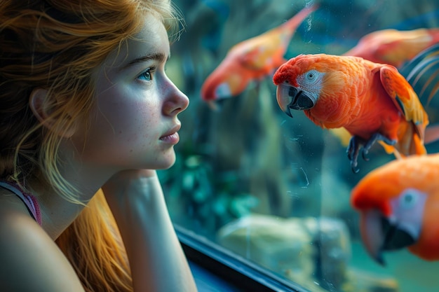 Dreamy Young Woman Gazing at Vibrant Parrots in Tropical Conservatory Reflective Contemplation and