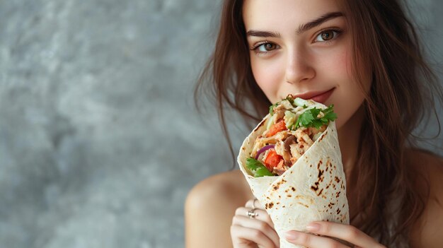 Photo dreamy young woman holding tasty shawarma on grey background