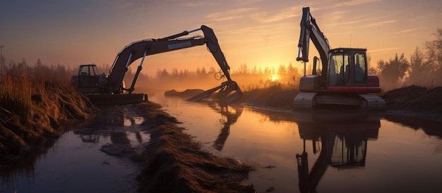 Photo dredging a canal with two excavators at sunrise