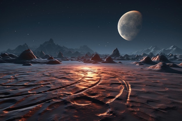 Drendered exoplanet surface with rover tracks