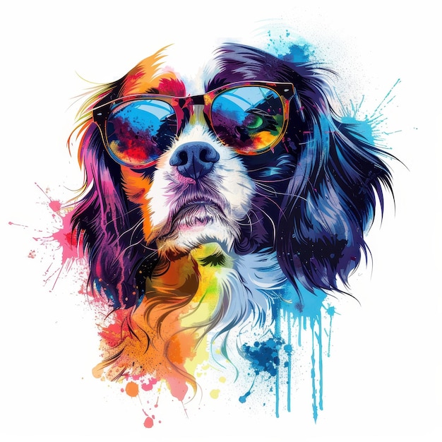 Drentsche Patrijshond dog wearing sunglasses in colorful pop art style