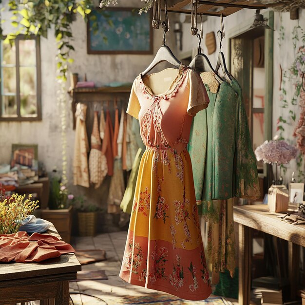 a dress hanging on a hanger with a floral print on it