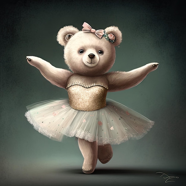 Dress up bear in ballet suit post in room studio isolated plain background