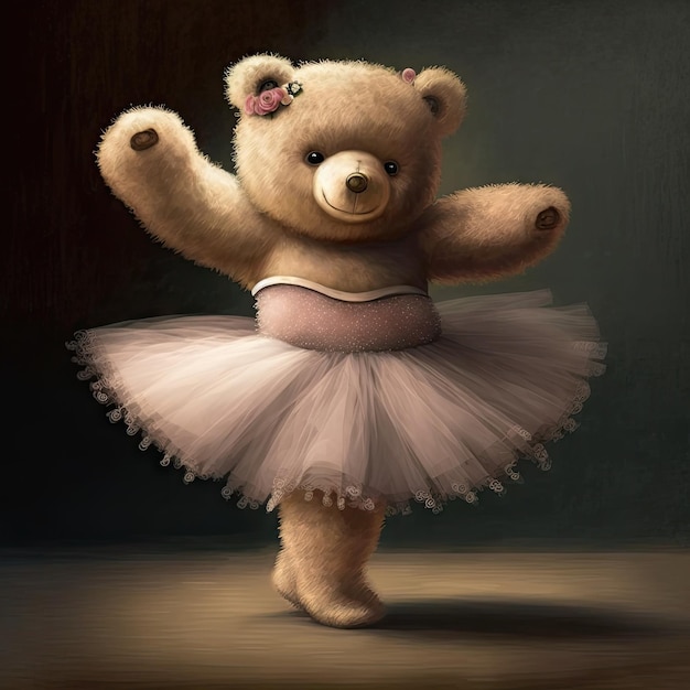 Dress up bear in ballet suit post in room studio isolated plain background