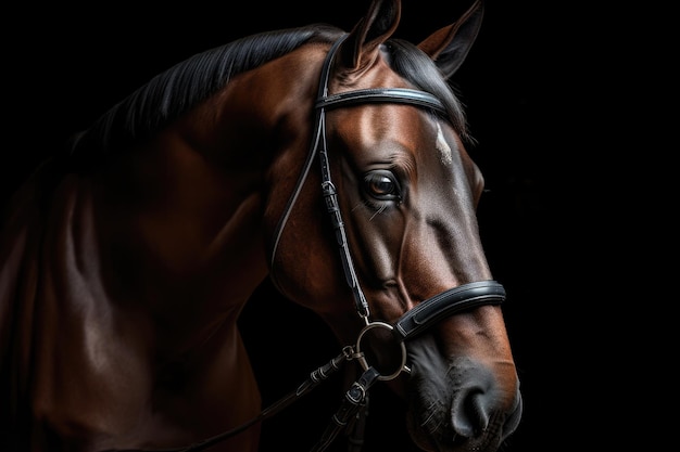 Dressage horse performing in a dark stall wearing a traditional bridle