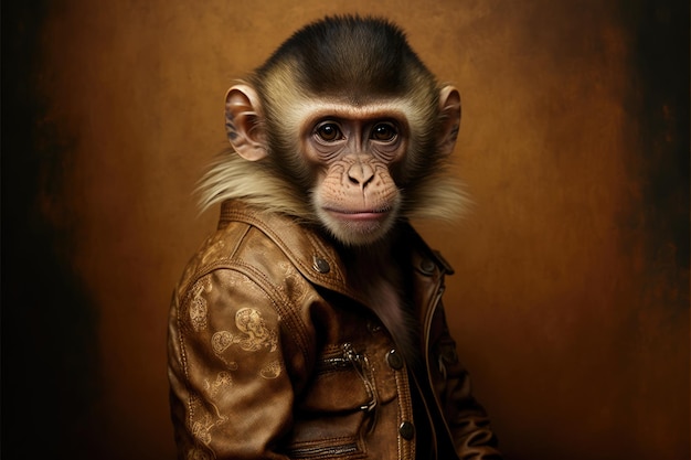 Dressed funny monkey in leather jacket on brown background created with generative ai